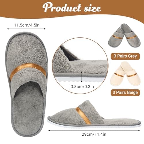 Defresit 6 Pairs Hotel Slippers, Spa Slippers Reusable Soft Coral Velvet Travel Portable for Hotel Home House Party Guest(3 pairs grey+3 pairs beige) — view 4