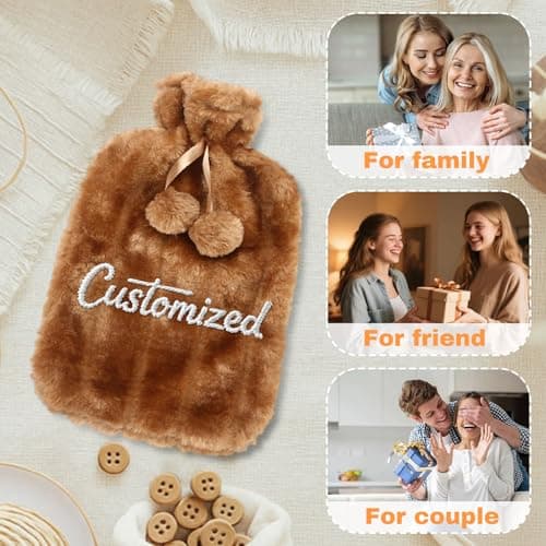 Personalised Hot Water Bottle with Fluffy Cover Hotwater Bottles for Adults with Embroidered Text Hot Water Bag for Pain Relief Period Pain, Personalised Gifts for Women Mom Grandma (White) — view 5