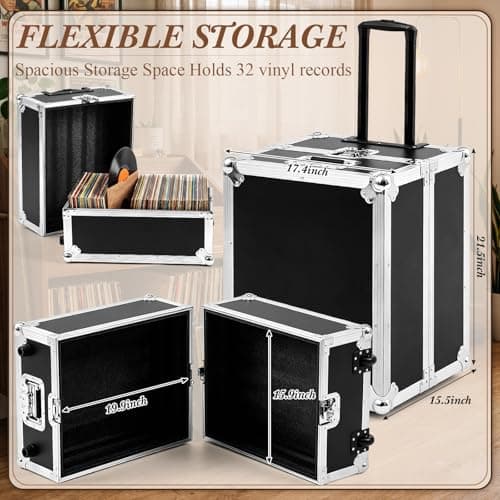 Dansydaisy Rolling Vinyl Record Case Holds up to 100 Lp Records Aluminum DJ Flight Case with Wheels Telescoping Handle Lockable Vinyl Record Storage Box with Foam Padded Interior for Collectors DJ — view 4