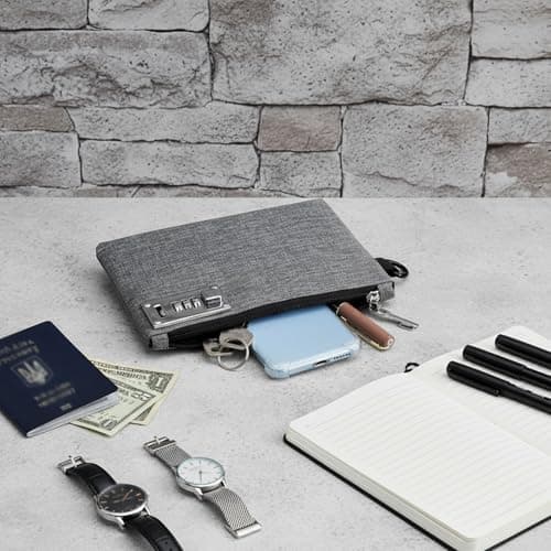 Lockable Money Pouch with Combination Lock, Grey Travel Safe Bag for Cash Passport Jewellery, Waterproof Oxford Fabric Security Wallet with 3-Digit Lock, Men Women, 8.27 × 5.91 inches — view 3
