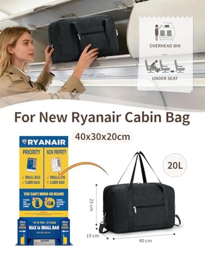 Narwey for Ryanair Cabin Bags 40x30x20 Underseat Ryan Air Foldable Travel Duffel Hospital Bag Overnight Weekend Carry on Luggage Bags for Women and Men 20L (Black) — view 2