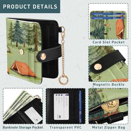 xigua Camping-Tents-Forest-Illustration-Nature-Tree Wallet for Women, Small Slim PU Leather Credit Card Wallets RFID Blocking Bifold, Zipper Coin Pocket Purse — view 5