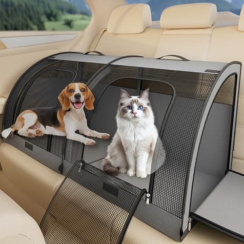Foldable Pet Car Carrier Bag, Double Car Pet Seat for 2 Cats or Medium Animals, Portable Dog Travel Bag with Breathable Mesh Fabric, Collapsible Dog Car Crate with 4 Side-opening Door, 100X50X50