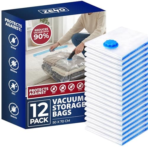 Right Pack Vacuum Storage Bags 12 Pack | Vacuum Storage Bags for Clothes | Airtight & Reusable Vacuum Bags | Space Saving Bags for Clothes, Pillows & More | Large 50 x 70 CM