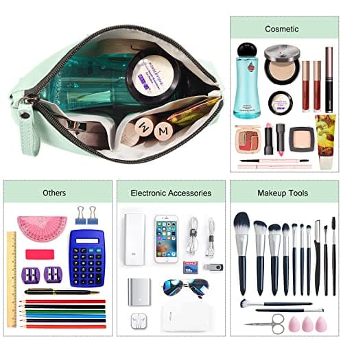 Small Cosmetic Bag for Purse MAANGE Small Makeup Bag Portable Travel Makeup Pouch Waterproof PU Leather Make up Bag with Handle Cute Versatile Zipper Pouch for Women (Green) — view 6