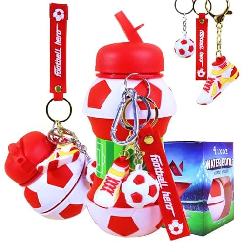 RIXOZ Red & White Football Collapsible Water Bottle - 550ml Silicone Bottle With Football, Footi Boot Keyring & Carry Strap