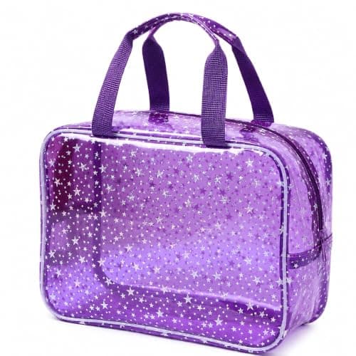 Clear Star Print PVC Cosmetic Bag, Waterproof Travel Makeup Pouch, Portable Wash Bag Women, Purple Transparent Clear Toiletry Bag with Handles