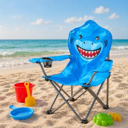 Envenzo Kids Folding Camping Chair, 4 Assorted Animal Designs, 600D Polyester, with Cup Holder and Security Lock, 35x35x60cm (1, BLUE) — view 2
