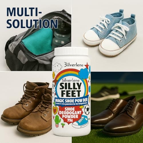 Silly Feet Shoe & Foot Deodorant Powder - Hypoallergenic, Antifungal Talc with Puff Applicator – Sweat Absorbing, Odor Control for Work Boots, Sneakers, Gym Shoes – Travel Size 75g — view 3