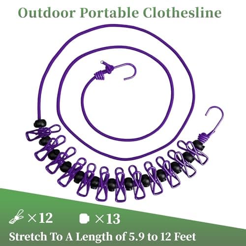 BODFPPC Travel Washing Line with 12 Clips, Portable Windproof Retractable Clothes Line Stretchy Elastic for Indoor Laundry Drying Clothesline,Outdoor Camping Accessories (Purple) — view 4