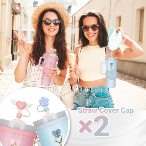 Rabrgab Stanley 7 Pack Mug Accessories with Handle, Heart/Flower Shaped Straw Lid, Silicone Boots, Heart Shaped Charms for Water Bottle, 20oz Tumbler, 880.5 — view 3