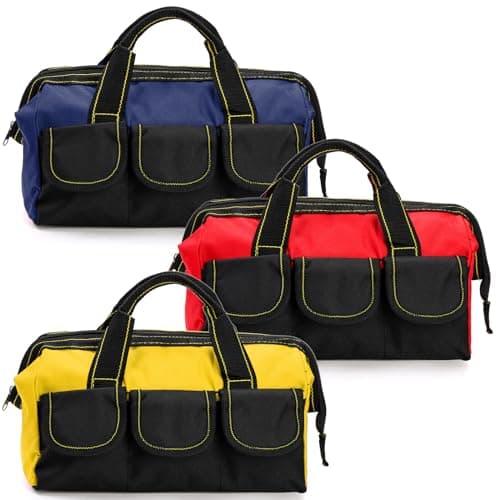 Mezchi 3 Pack 12"/ 30cm 5 Pockets Tool Bag, Wide Mouth Tool Tote Bags with Waterproof Base, Heavy Duty Tool Storage Bag Organizer for Home Repairs, Various Tools, Blue, Yellow, Red — view 5