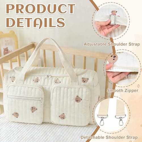 Quilted Diaper Bag, Hospital Bag, Bear Pattern Cute Duffle Bag for Women — view 3