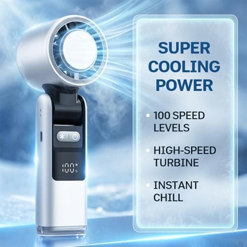 Vtizikl Portable Handheld Fan,100 Speed Rechargeable Hand Held Fan with Digital Display,4000mAh Battery,Ice Cooling,3 in 1 Foldable Turbo Mini Fan for Travel Office Camping — view 2