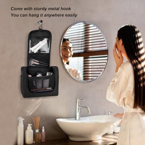 FITDON Large Hanging Toiletry Bag Travel Wash Bag, Portable Makeup Bag Organizer Waterproof Shaving Bag Gym Shower Bathroom Bag, Black — view 3