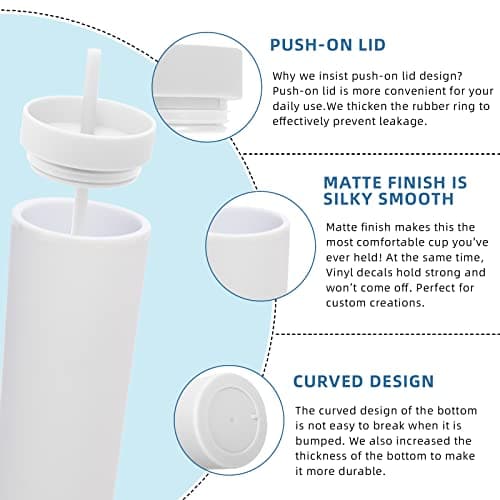 Volhoply 550ML Plastic Skinny Tumbler,Double Wall Tumblers with Lid and Straw,Reusable Iced Coffee Mug,BPA Free Matte Acrylic Water Cups with Straw for Parties,DIY Gifts(White,1 Set) — view 4