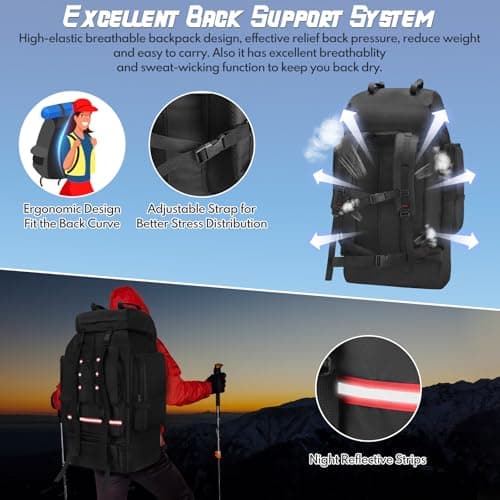 LYtech 130L Hiking Camping Backpack Waterproof Internal Frame Camping Rucksack for Men & Women Large Tactical Backpack Adjustable Padded Straps Multi-Pocket Design for Trekking & Outdoor Adventures — view 3