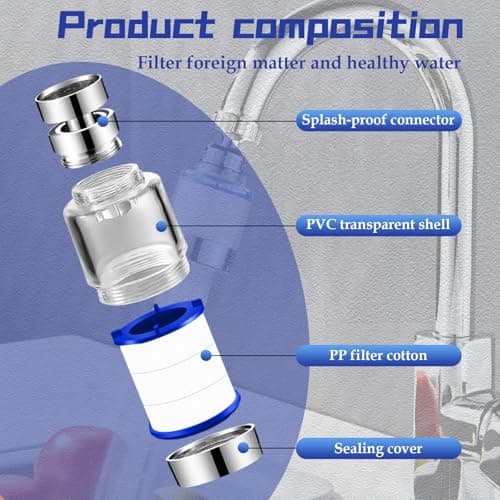 LURNODY Pack of 2 Water Filter Tap, 360° Water Filter Tap, Tap Filter for Drinking Water, Water Filter for Tap with 7 Pieces PP Cotton Filter Element and Universal Adapter — view 4