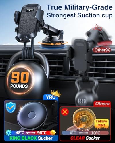 YRU [True Military-Grade & 360° Rotatable Suction 2026 Ultimate Car Phone Holder Mount【90+LBS Safest Strongest & Patent Certs】 Dashboard Windscreen Vent for iPhone 17 16 Pro Max Samsung, Pure Black — view 2