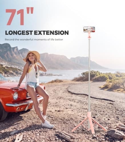 RISEOFLE Phone Tripod & Selfie Stick, 180cm Aluminum All in One Extendable Tripod for Smartphone, Portable Travel Tripod Stand with Wireless Remote Control for iPhone/Samsung/Android/Camera-Pink — view 3