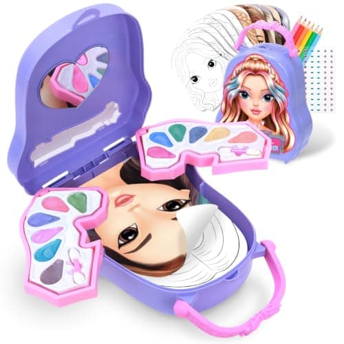 BSCOOL Makeup Designer Kit for Kids – 12 Cream Eyeshadows, Practice Activity Book with 20 Pages, Gemstone Stickers, Colored Pencils, Brushes & Mirror – Creative Beauty Play Set for Girls 5 and up