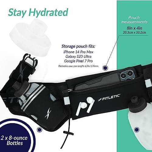 Fitletic Hydration Running Belt with Water Bottles (2x 250ml) Bum Bag with Adjustable Strap and Running Gels Holder Ideal Waist Bag for Outdoor Activities Phone Holder for Men and Women (L/XL) (Black) — view 2