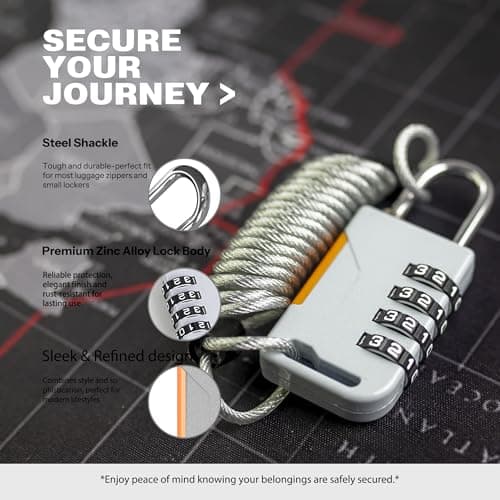 UP Security 4 Digit Combination Padlock with Retractable Cable (36in), Ski Lock, Combo Cable Lock for Snowboard, Travel Luggage, Suitcase, Bike, Gym Locker, Cabinet, Fridge, Refrigerator Door (Gray) — view 4