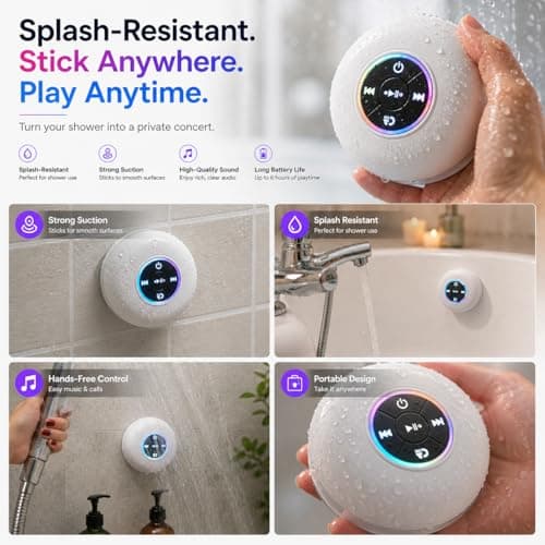 Bluetooth Shower Speaker with LED, Portable Wireless Mini Speaker (White) — view 4