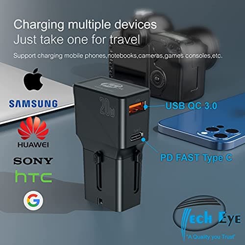 TechEye Black Travel Adapter Worldwide – USB-C + QC3.0 Dual Port, 25W Fast Charging Plug for iPhone 16/15/14/13/12, Samsung S25/S24/23, Fold, Note20 & More – Slim, Smart, and Portable — view 4