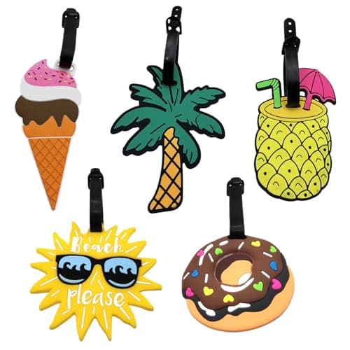 SYEYCW 5 Pcs Luggage Tags for Suitcases, PVC Travel Tags for Luggage, Unique Beach Series Tag Labels with Name ID Card, for Travel Bag, Checked Luggage, Suitcases, Laptop Bags, Handbag, Backpacks