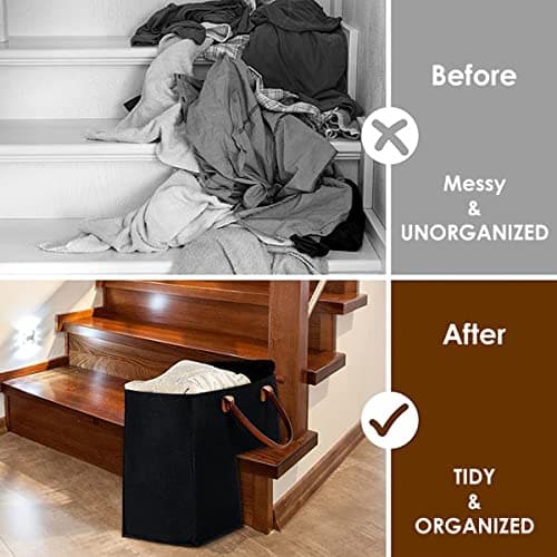 Keyohome Foldable L-shape Stair Basket Organiser, Large Stair Storage Organizer, Large Stair Tidy Basket Storage, Felt Stair Storage Bag with Faux Leather Handles for Laundry Toys Household (Black) — view 3
