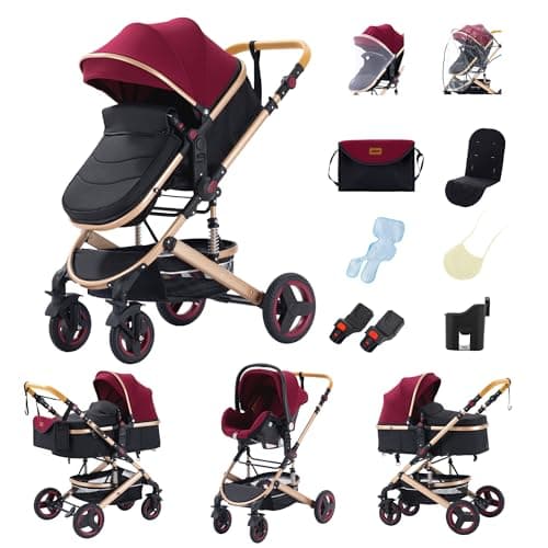 GLOKID Baby prams 3 in 1, Baby Stroller, Baby Travel System, Portable One-Click Folding, Mosquito net, Rain Cover, Mommy Bag, Aluminum Frame, for Newborn 0-4 Years (H530 RED)