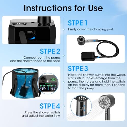 Portable Shower for Camping, 12000mAh Rechargeable Camping Shower Pump with Digital Display IPX8 Waterproof, 6 Adjustable Water Flow Outdoor Shower Kit with Foldable Bucket for Pet Bath Car Wash — view 6