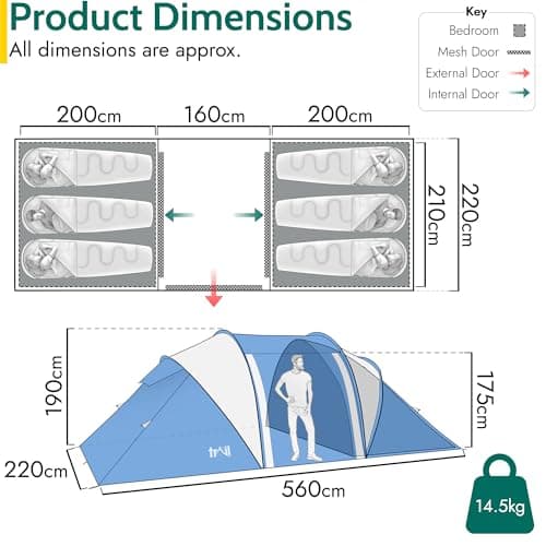 Trail Hartland XL 6 Man 2 Room Tent with Living Area, 3000mm HH Waterproof Rated, 2 Darkened Bedrooms, Easy Pitch Family Camping Tunnel Tent, King Pole Awning, Storage Bag, L560cm x W220cm x H190cm — view 6