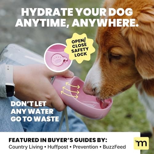 MalsiPree Dog Water Bottle with Bowl - Leak Proof Portable Puppy Water Dispenser with Drinking Feeder for Pets Outdoor Walking, Hiking, Travel, Food Grade Plastic (Pink, 350ml) — view 2