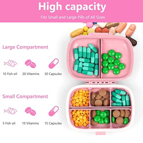 ACWOO Pill Box Organiser, 1Pcs Portable Medicine Storage Box with 8 Compartments, Pill Case Pill Dispenser to Hold Vitamins, Cod Liver Oil, Supplements and Medication for Travel & Work (Pink) — view 3