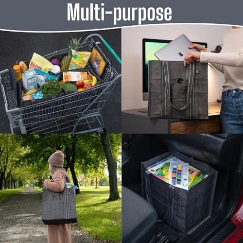 VENO 4 Pack Reusable Grocery Shopping Bag w/Hard Bottom for Trolley Cart, Heavy Duty Tote Bag for Life w/Front Pocket, Beach Bag, Multi-Purpose Water-Resistant(Windowpane, 4 Pack) — view 2