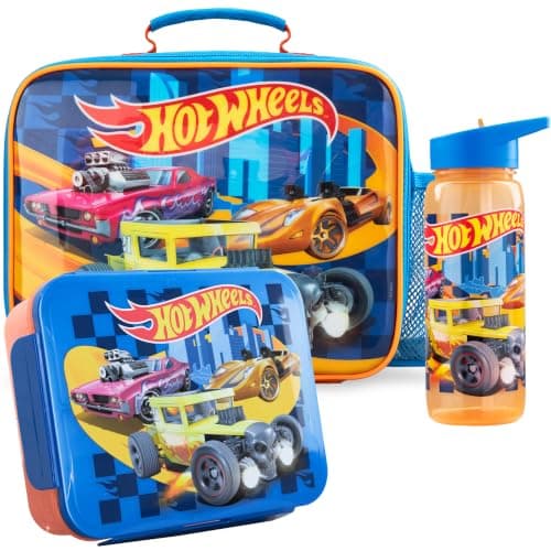 Get Trend Hot Wheels Kids Insulated Lunch Bag 3Pc Set with Bento Lunch Box & 640ml BPA-Free Water Bottle with Straw, Kids Snack Box with Compartments, School Supplies Boys Gifts (Multi Hot Wheels)