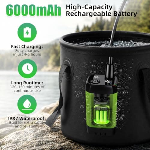 Capsste Portable Shower for Camping, 6000mAh Rechargeable Camping Shower Pump with LED Display, 20L Foldable Bucket, Rinse Kit, IPX7 Waterproof, for Hiking, Travel, Car, Pet — view 6