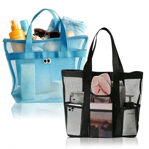 QWEPU Mesh Beach Bags, 2PCS Lightweight Large Pool Beach Tote Bag, Portable Mesh Beach Tote Bag Mesh Sand Bag Mesh Beach Bag Suitable for Pool, Beach, Travel (Blue+Black)