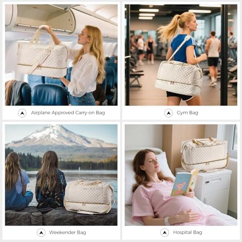Gloppie 39L Foldable Travel Duffel Bag - Waterproof Gym Holdall & Mum Hospital Bag for Women Weekend Overnight Carry on Tote Bag with Shoes Compartment & Makeup Bag, 2 Pcs Set (Beige) — view 2