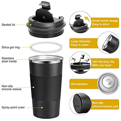 YINJAM Travel Mug 510ml Reusable Insulated Coffee Cups Vacuum Insulation Stainless Steel Thermal Bottle for Hot Cold Drinks (Black, 510ml) — view 2