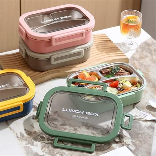 HEIBTENY Stainless Steel Lunch Box 3 Compartment Leakproof Container for Adults Kids School Work Office Picnic Travel Blue Yellow 23.7cm(Blue) — view 5