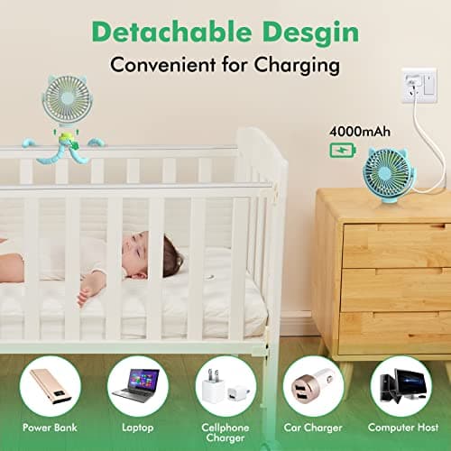 ITSHINY Pram Fan, 2025 Upgraded Stroller Fan Clip on Rechargeable, 4000mAh Portable Desk Fan Baby Cooling with Flexible Tripod 3 Speed for Crib Treadmill Car Seat Camping Travel — view 3