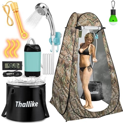 Thallike Portable Camping Shower Tent Kit, Pop Up Privacy Shelter with LED Lights, Rechargeable Shower Pump, 6.6 Gallon Collapsible Bucket, Adults Outdoor Hiking