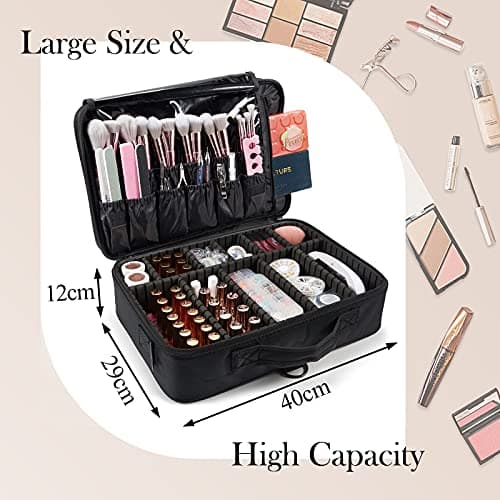 Makeup Bag Extra Large Travel Makeup Bag with Compartment Cosmetic Bags Makeup Organiser Bag Vanity Case Makeup case and Shoulder Strap, Black — view 2