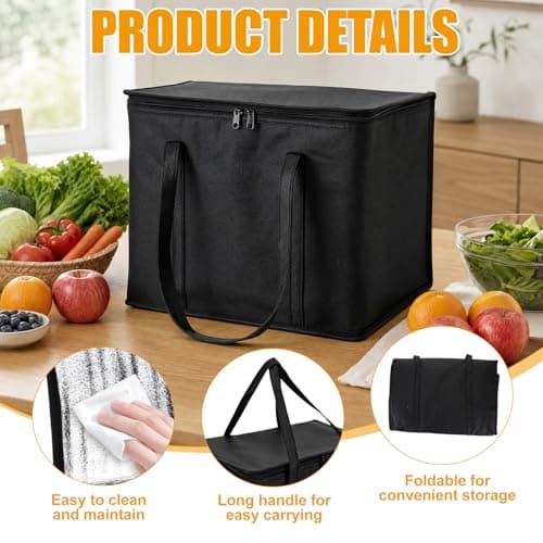 2 Pack Cool Bag Cool Box, 35L Black Insulated Tote with Zipper, Foldable Thermal Carrier for Grocery Shopping, Picnic, Camping, Beach, BBQ, Travel, Reusable Food Transport Storage — view 3