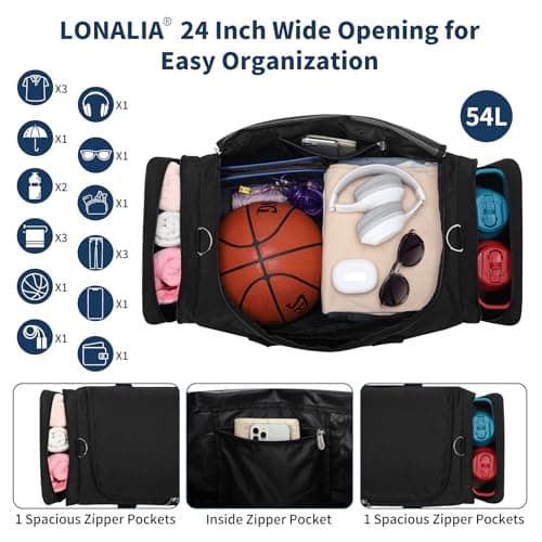 LONALIA 54L Mens Sports Gym Bag with Shoes Compartment - 24 inch Holdall Duffle Bags for Football Fitness Weekend (Black) — view 3