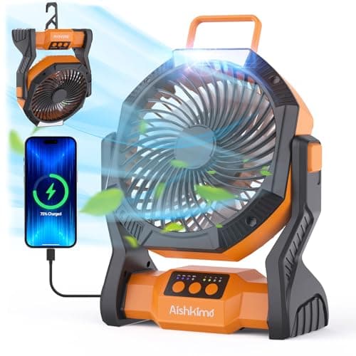 Aishkimo Portable Camping Fan with LED Light, 10000mAh Rechargeable Tent Fan with Hanging Hook, 4-Speed Adjustable Outdoor Fan for Picnic, BBQ, Fishing, Travel - Orange — view 2
