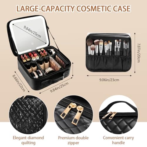 Travel Makeup Bag with LED Mirror - Cosmetic Bag Makeup Organizer Bag with 3 Color Adjustable Light, Detachable Mirror, Waterproof Makeup Case with Adjustable Dividers for Women — view 5